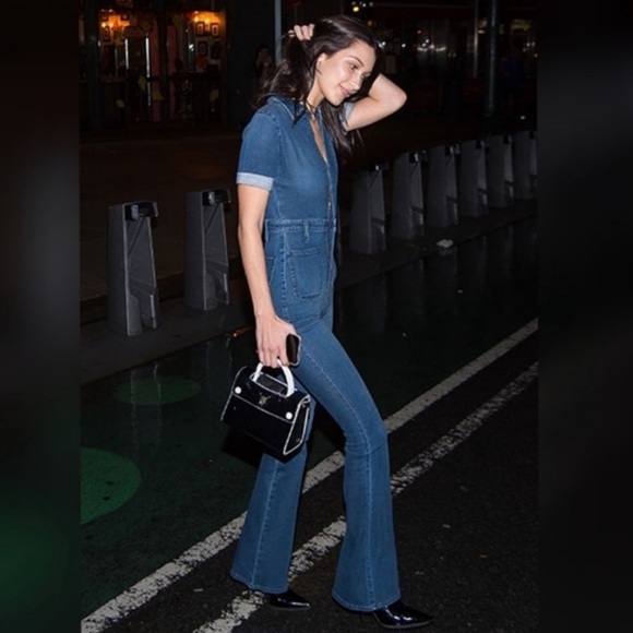 We Wore What Dark Wash Flare Denim Jumpsuit 70’s Boho Zip Up Collared XS - Picture 3 of 15